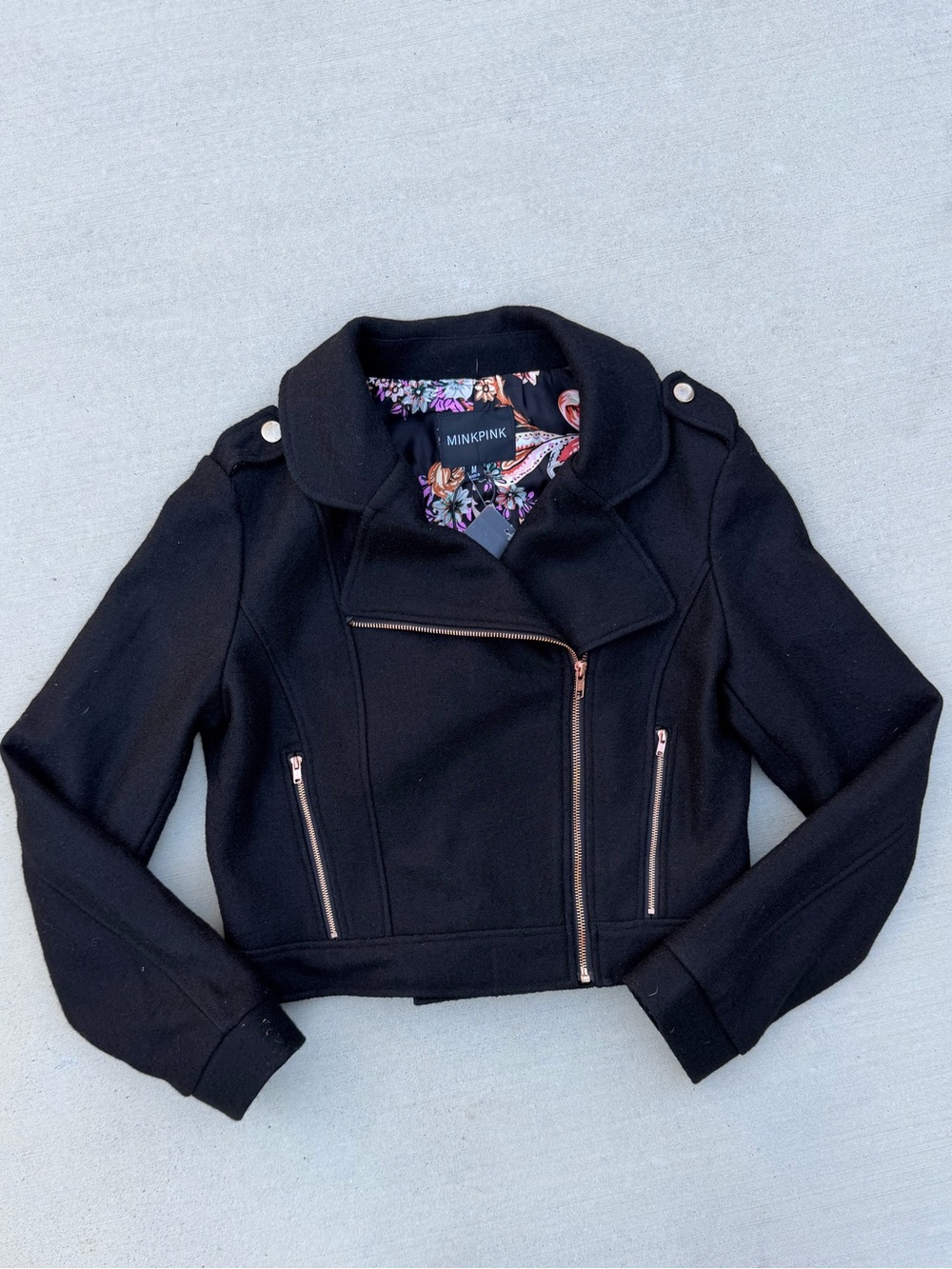 MINKPINK Black Motorcycle Jacket with Rose Gold Accents - Size Medium